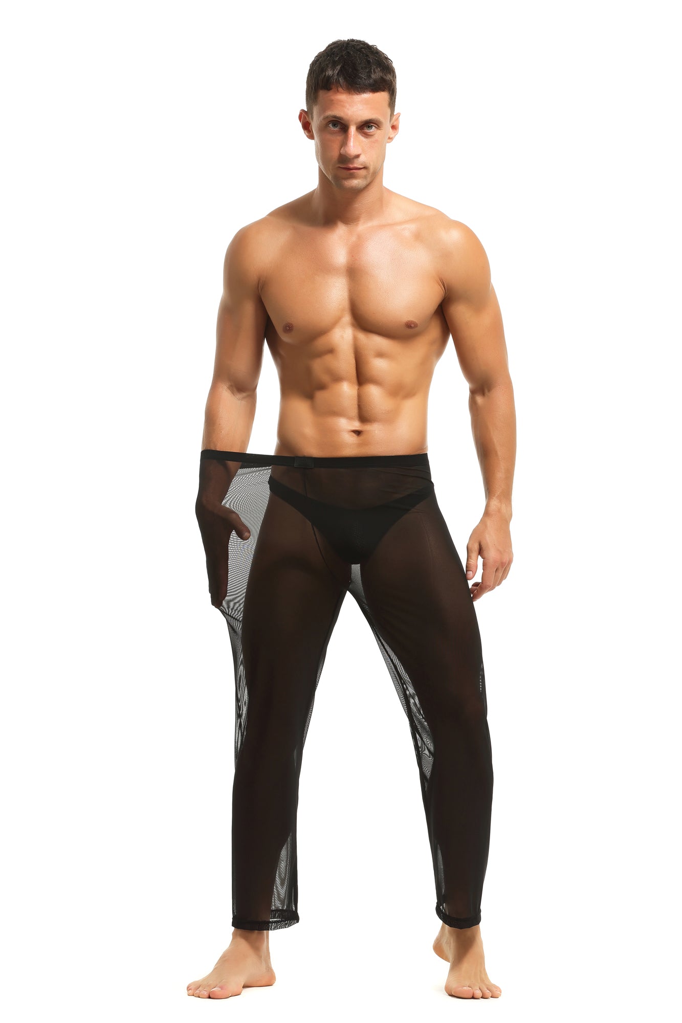 Herren Sheer Hose transparent in Schwarz aus feinster Tüll Stoff Nachtwäsche