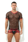 Herren Netz T-Shirt Transparent in Rot mit Lack-Leder-Optik und V-Ausschnitt