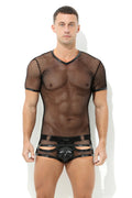 Herren Netz T-Shirt Transparent in Schwarz mit Lack-Leder-Optik und V-Ausschnitt
