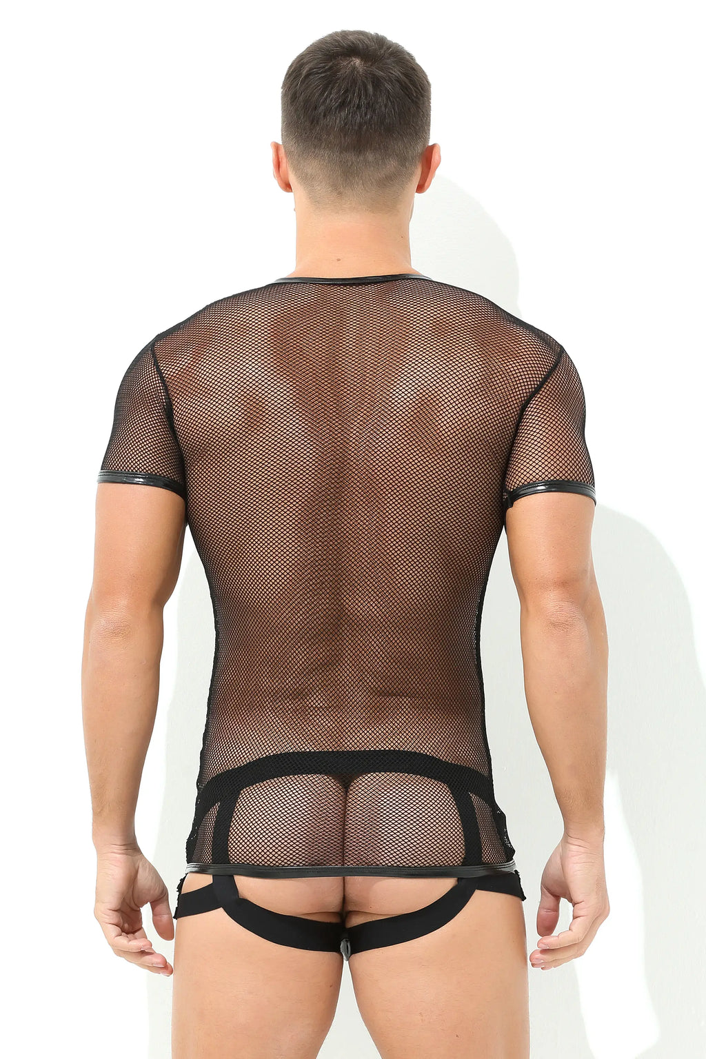 Herren Netz T-Shirt Transparent in Schwarz mit Lack-Leder-Optik und V-Ausschnitt