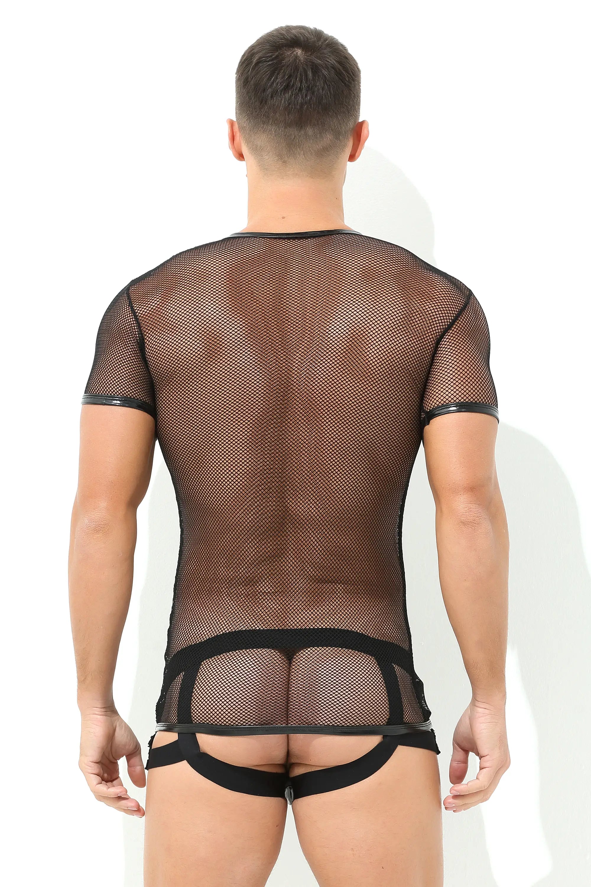 Herren Netz T-Shirt Transparent in Schwarz mit Lack-Leder-Optik und V-Ausschnitt