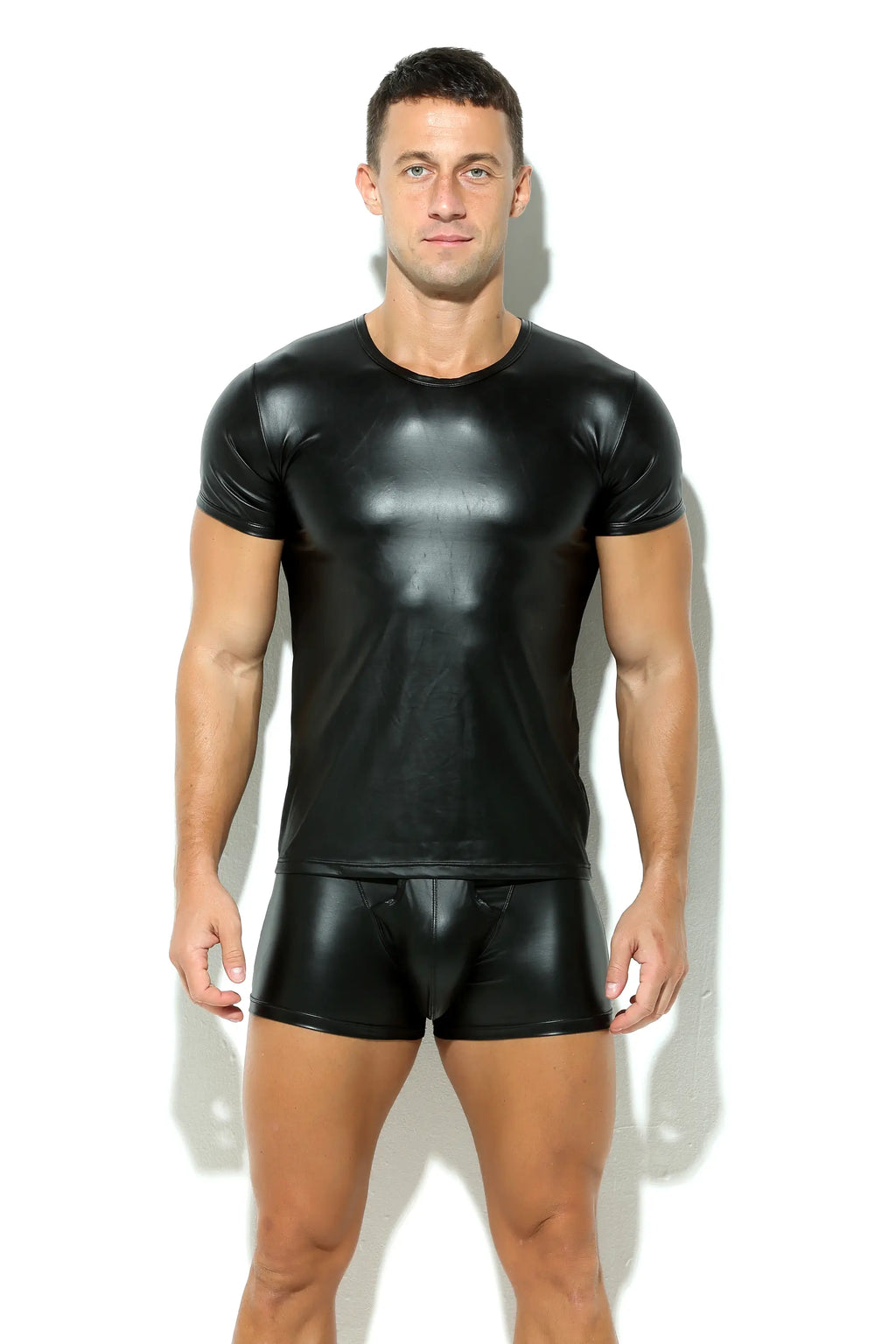 Herren T-Shirt Leder Matt Latex Optik in Schwarz Kurzarm Stretch