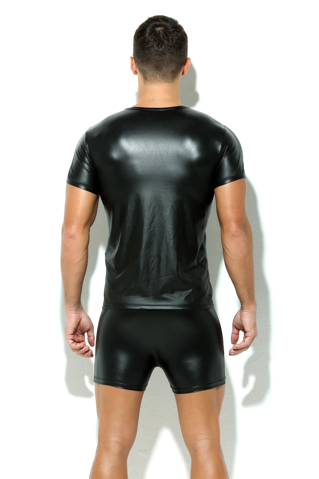 Herren T-Shirt Leder Matt Latex Optik in Schwarz Kurzarm Stretch
