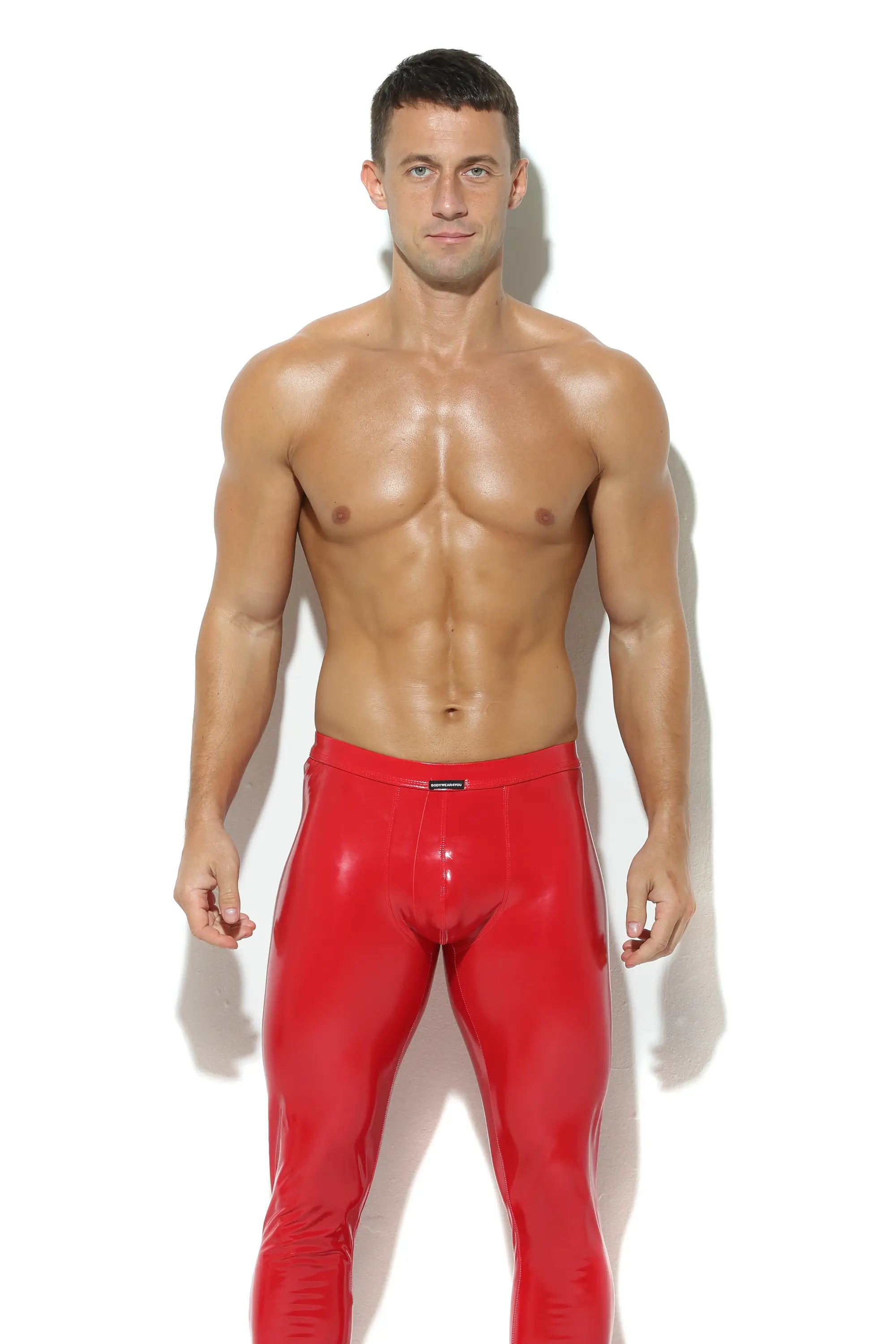 Herren Leder Leggings in Rot Lack Kunstleder Meggings Hose