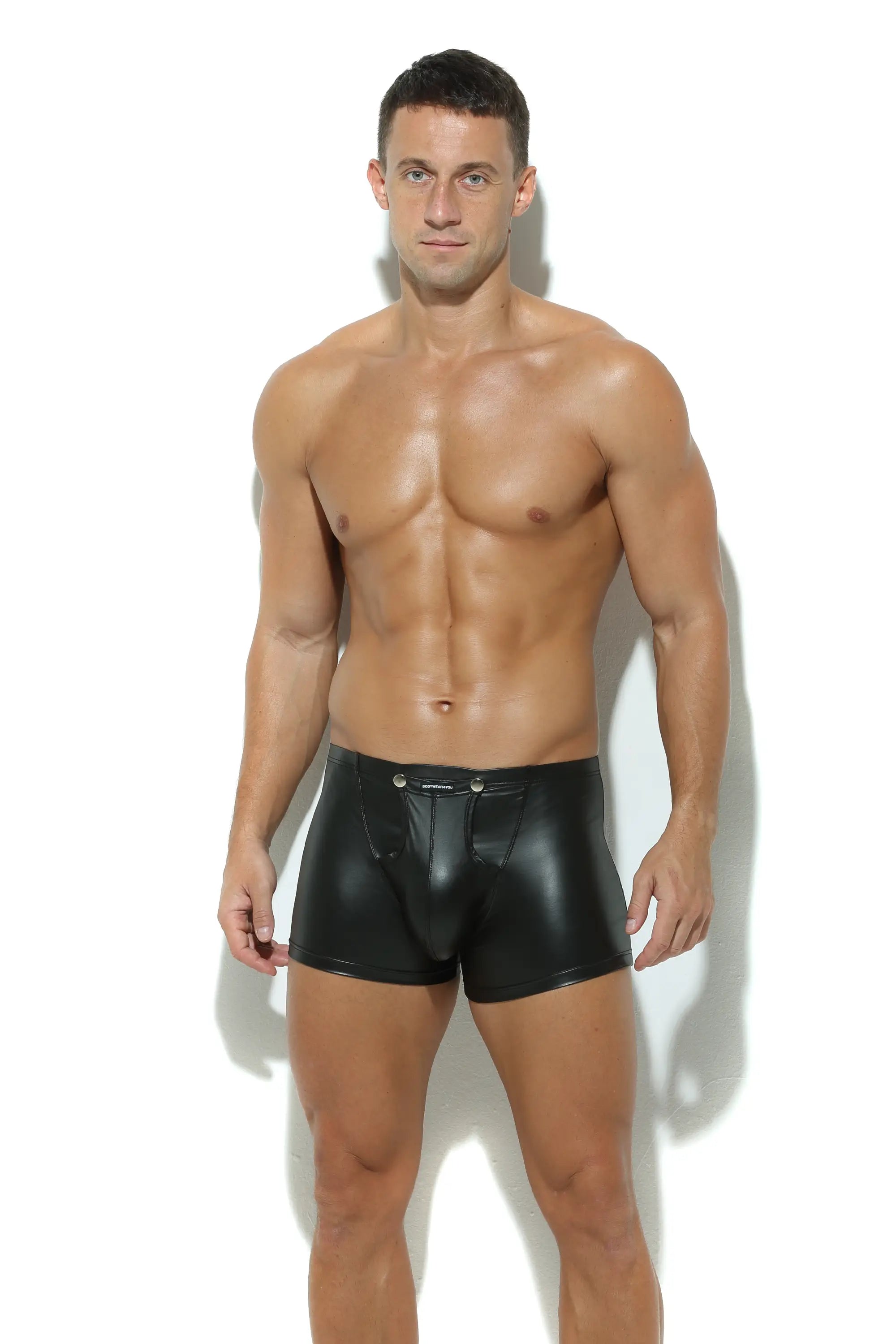 Herren Pant in Schwarz Lederoptik Matt mit Druckknöpfe