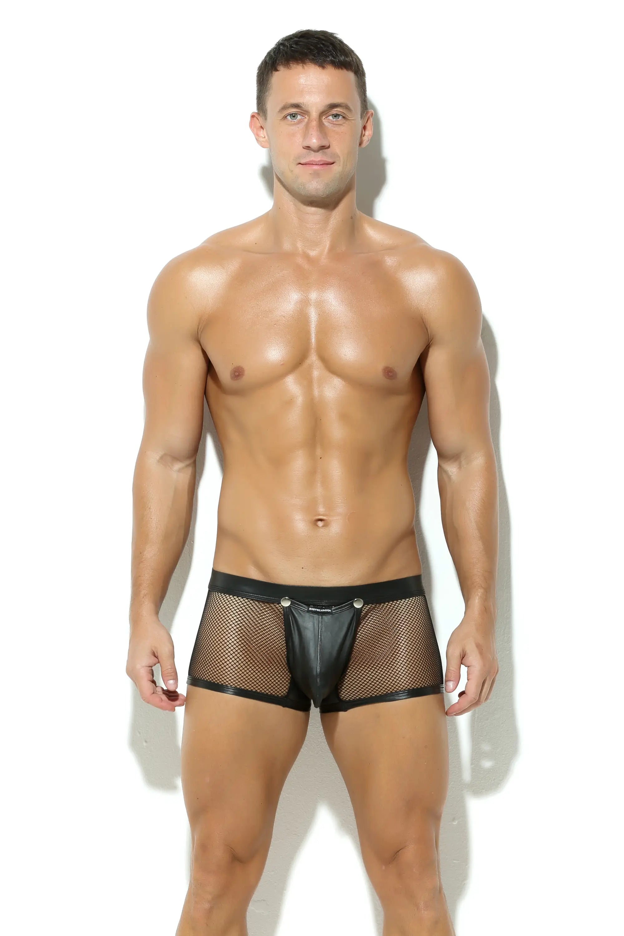 Herren Netz Pant in Schwarz mit Leder Optik und abnehmbarem Codpiece