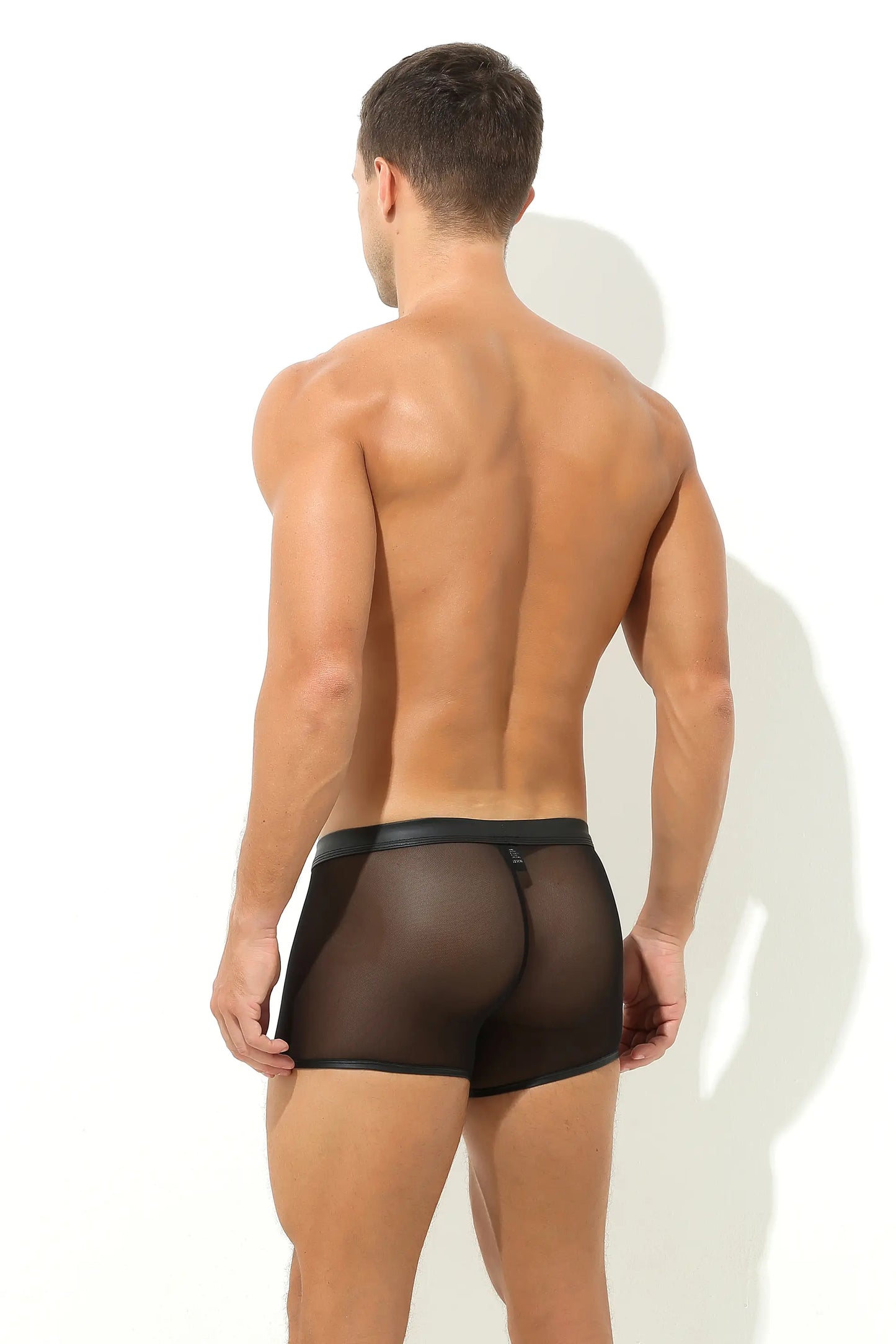 Herren Pant in Schwarz mit Leder Optik und Feinster Tüll Transparent