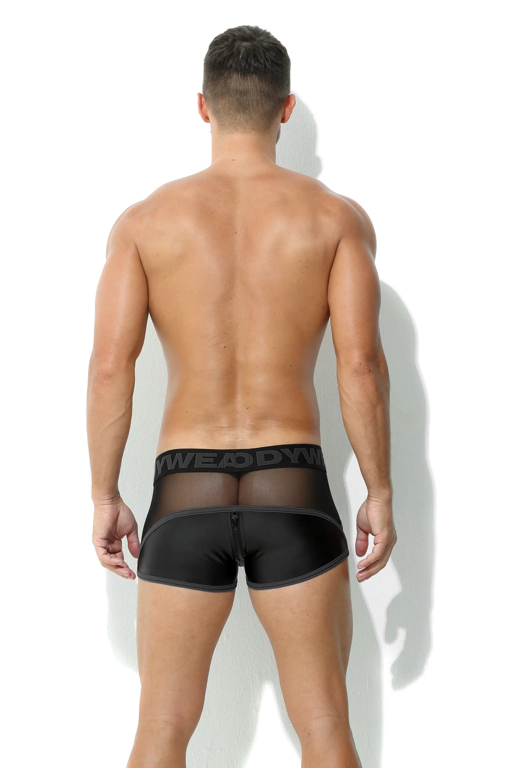 Herren Maskuline Pant Schwarz mit Netz Lederoptik Matt mit Codpiece und Reissverschluss