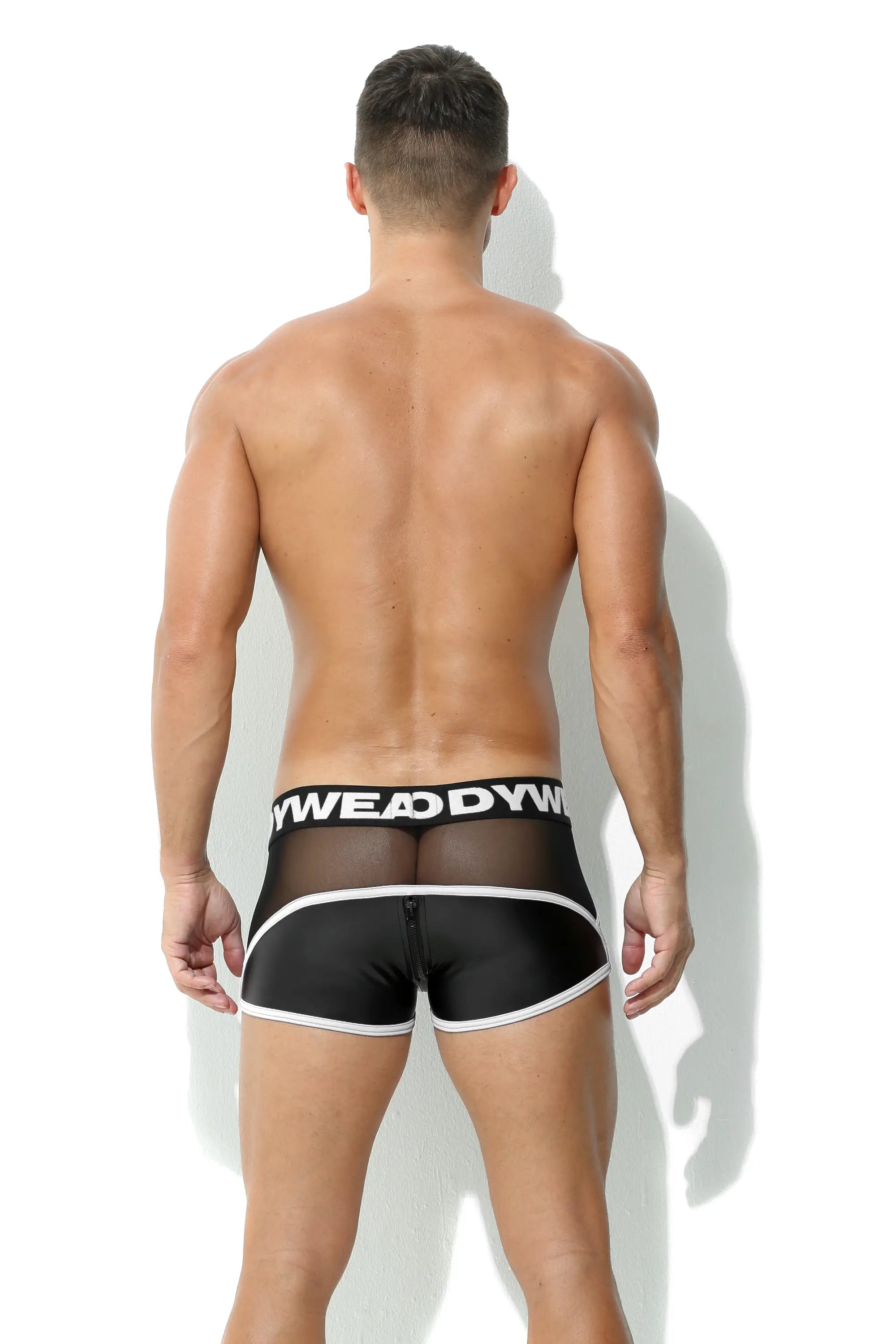 Herren Maskuline Pant Weiss mit Netz Lederoptik Matt mit Codpiece und Reissverschluss