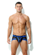 Herren Maskuline Leder Brief Blau Netz Leder Optik Matt mit Codpiece und Reissverschluss