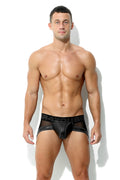Herren Maskuline Leder Brief Schwarz Netz Leder Optik Matt mit Codpiece und Reissverschluss