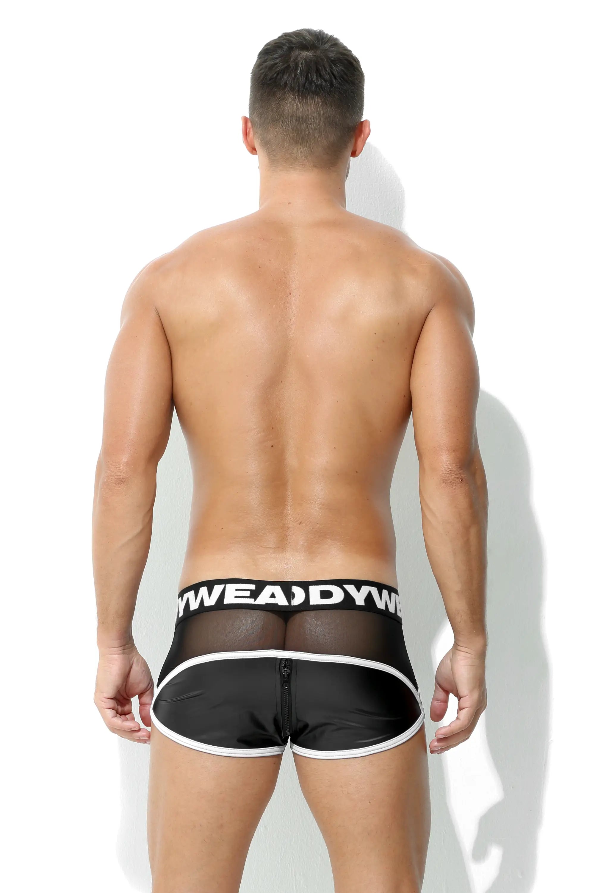 Herren Maskuline Leder Brief Weiss Netz Leder Optik Matt mit Codpiece und Reissverschluss
