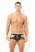 Herren Slip Jock in Schwarz mit Lack Leder Optik und transparentes Netz