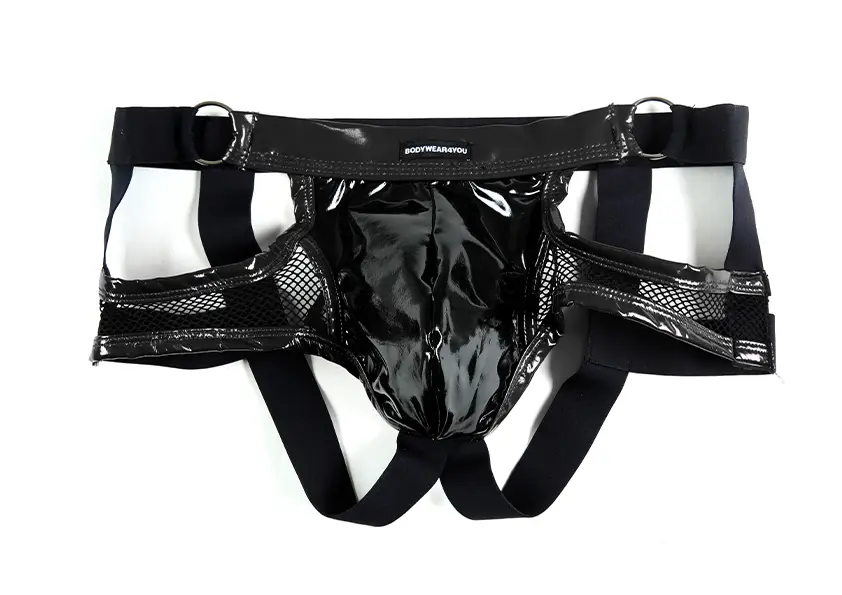 Herren Slip Jock in Schwarz mit Lack Leder Optik und transparentes Netz
