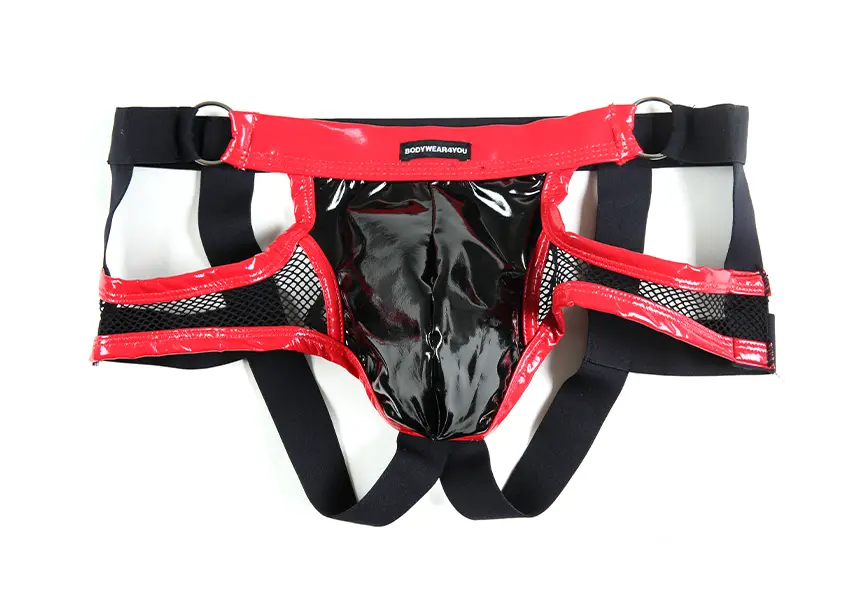 Herren Slip Jock in Rot mit Lack Leder Optik und transparentes Netz