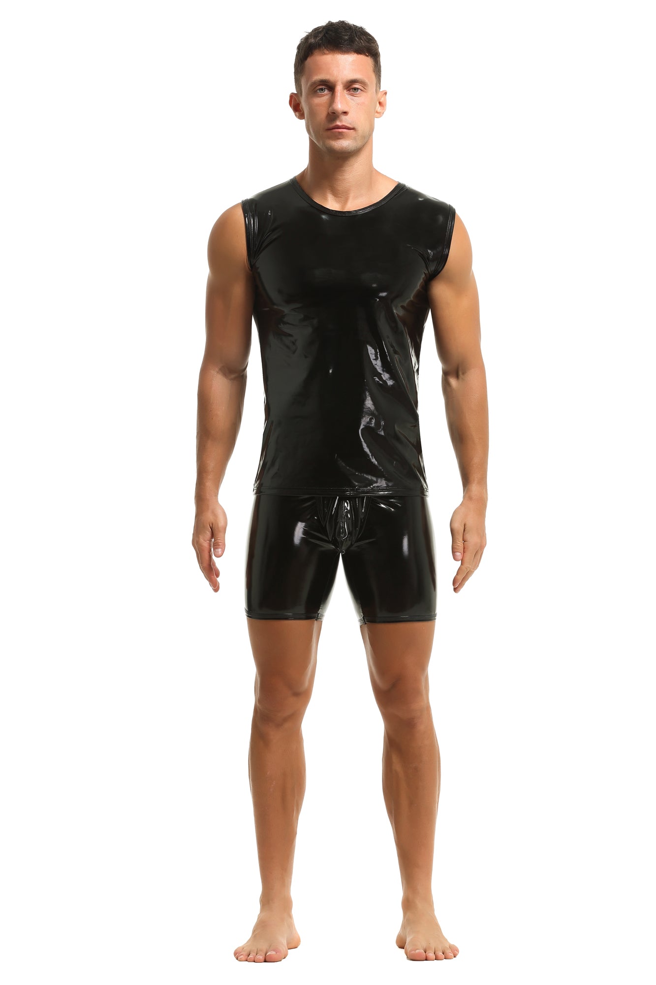Herren Tank Top Shirt Leder Lack Latex Optik in Schwarz Stretch