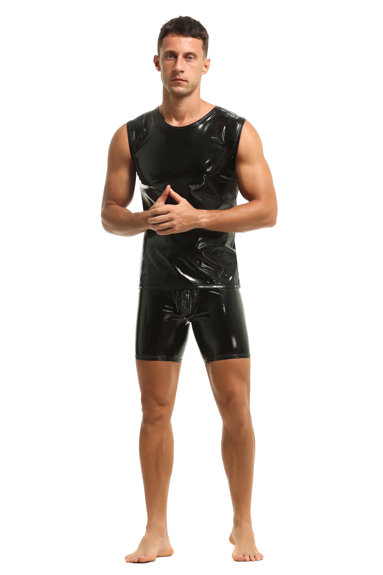 Herren Tank Top Shirt Leder Lack Latex Optik in Schwarz Stretch