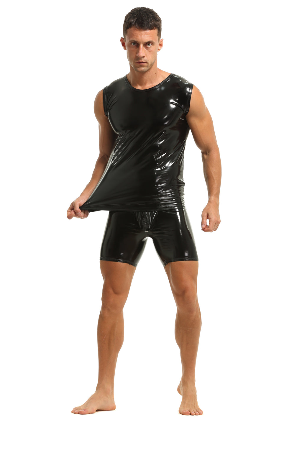Herren Tank Top Shirt Leder Lack Latex Optik in Schwarz Stretch