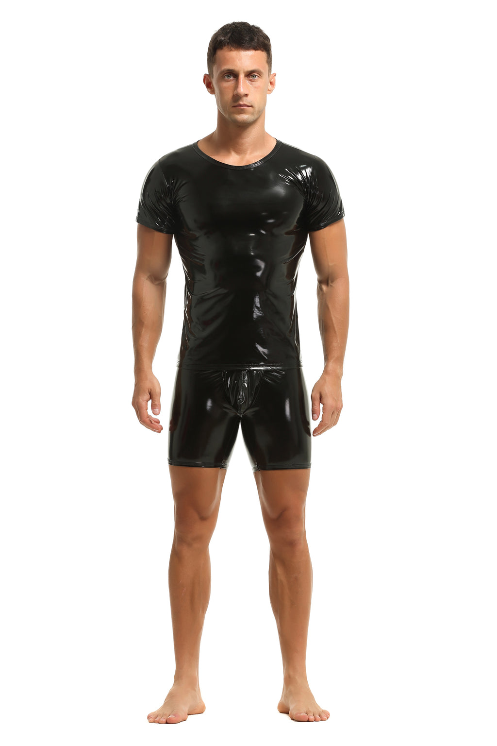 Herren T-Shirt Leder Lack Latex Optik in Schwarz Kurzarm Stretch