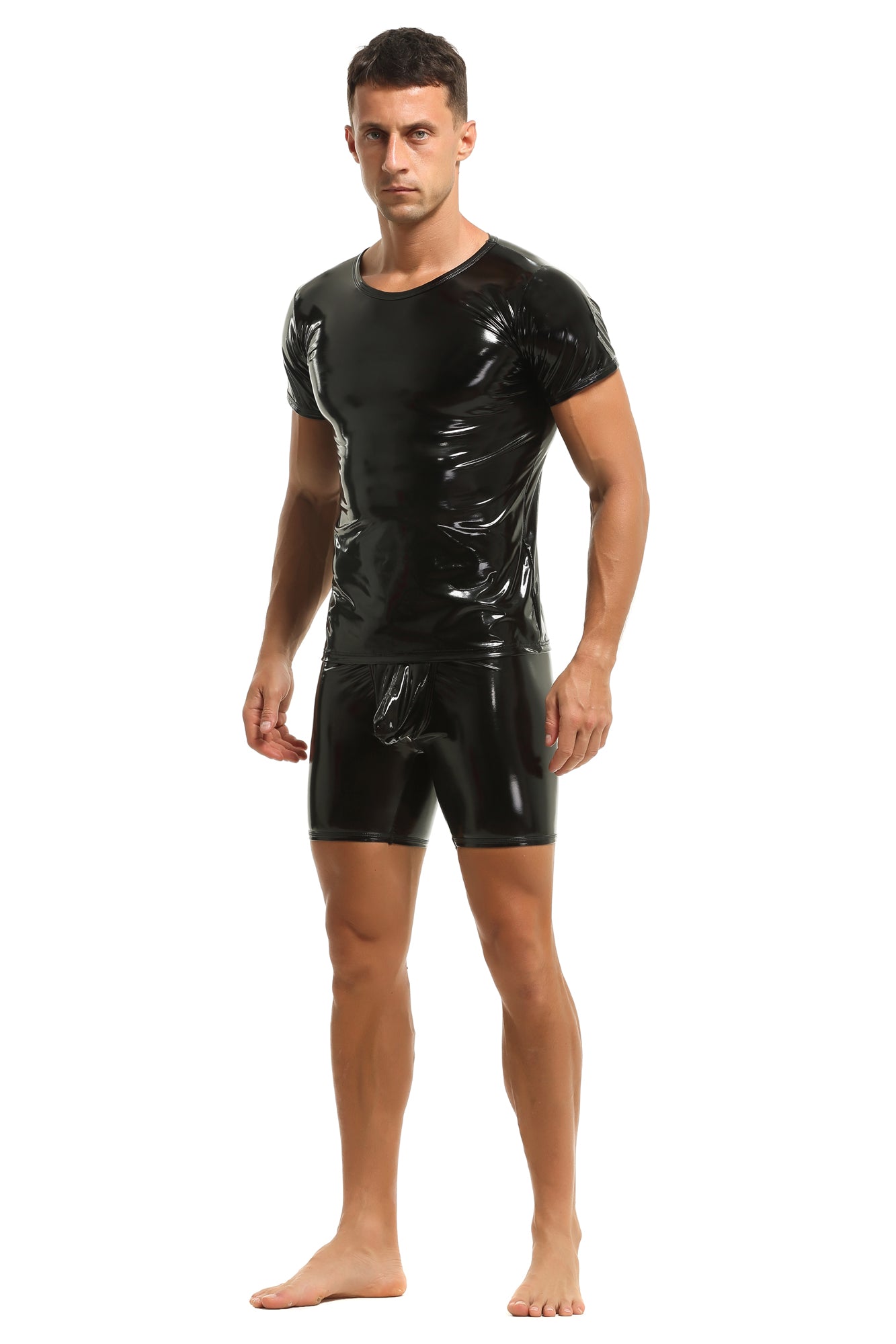 Herren T-Shirt Leder Lack Latex Optik in Schwarz Kurzarm Stretch