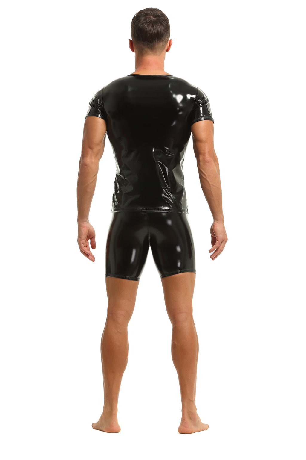 Herren T-Shirt Leder Lack Latex Optik in Schwarz Kurzarm Stretch