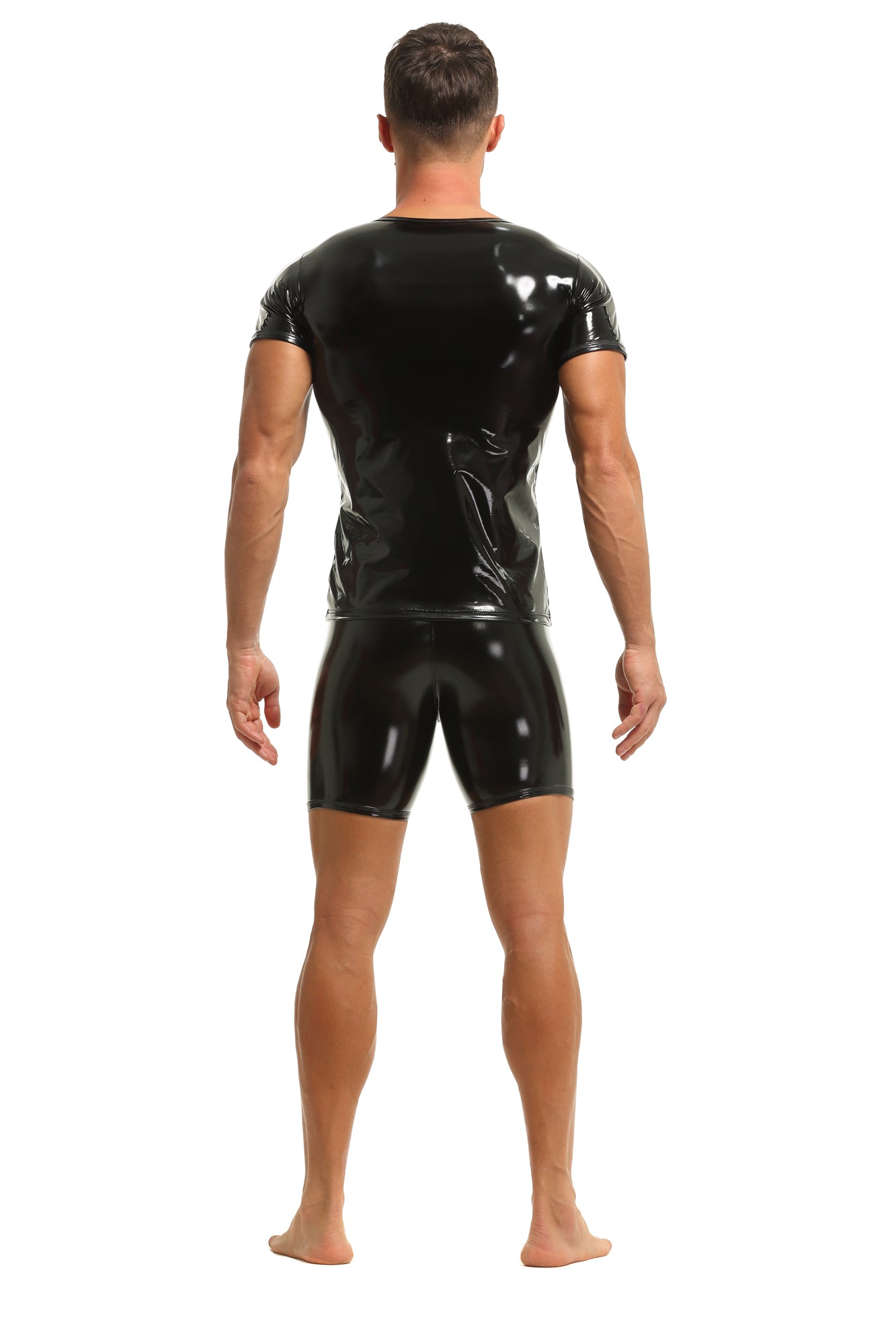 Herren T-Shirt Leder Lack Latex Optik in Schwarz Kurzarm Stretch