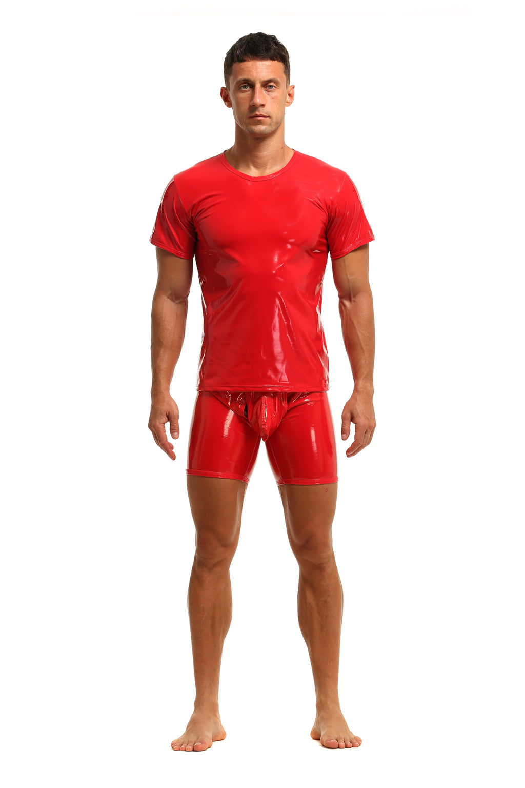 Herren T-Shirt Leder Lack Latex Optik in Rot Kurzarm Stretch