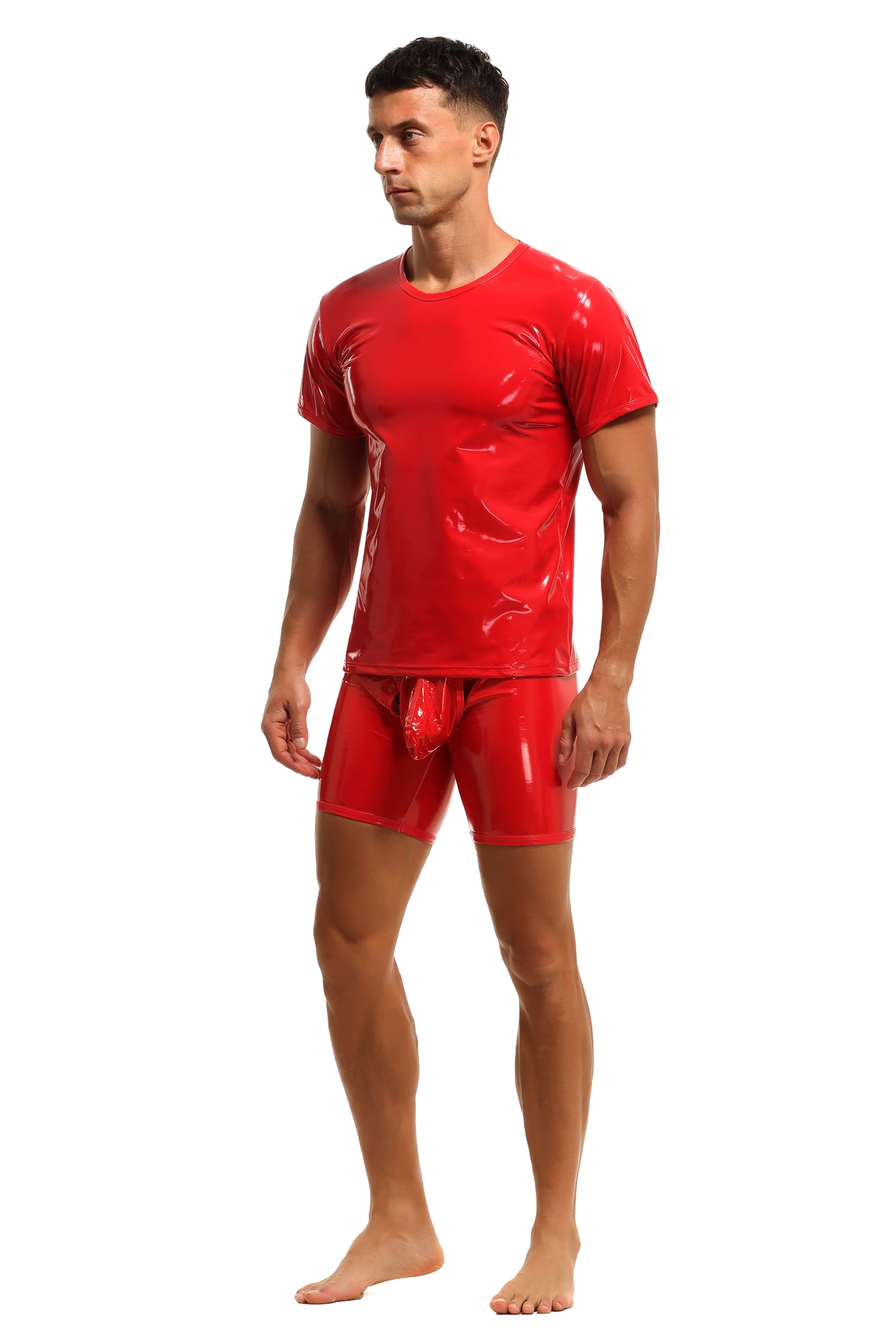 Herren T-Shirt Leder Lack Latex Optik in Rot Kurzarm Stretch