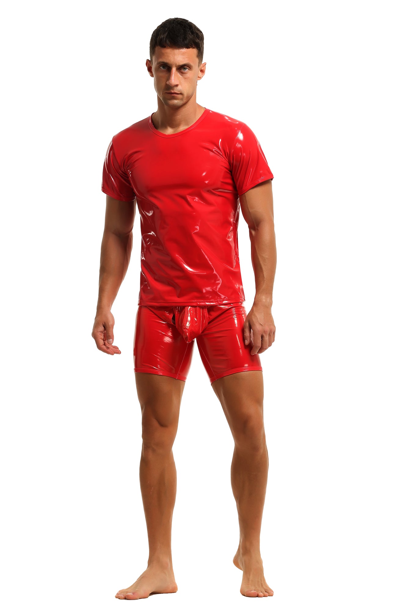 Herren T-Shirt Leder Lack Latex Optik in Rot Kurzarm Stretch