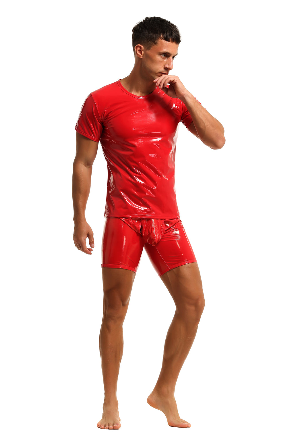 Herren T-Shirt Leder Lack Latex Optik in Rot Kurzarm Stretch