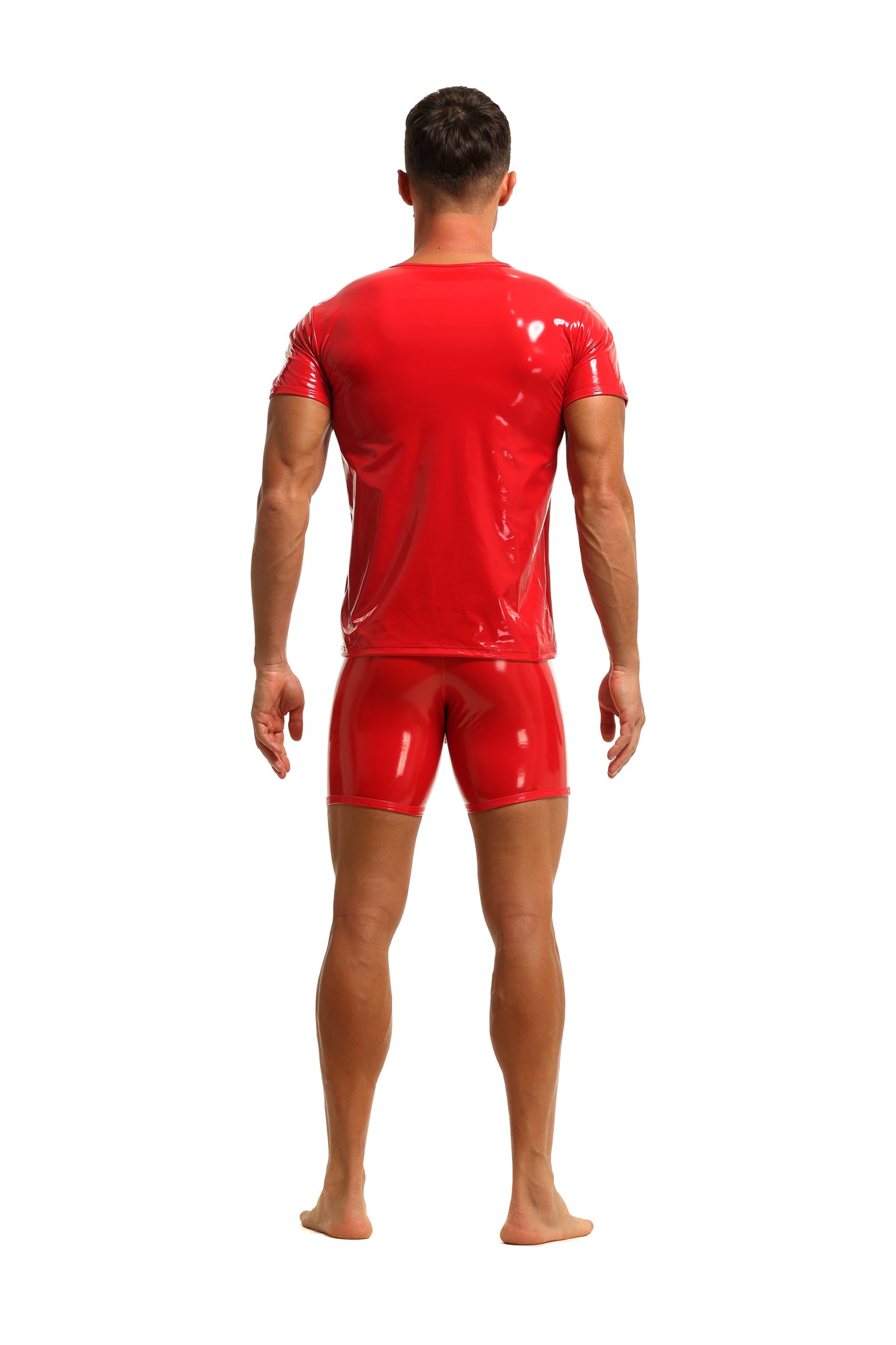 Herren T-Shirt Leder Lack Latex Optik in Rot Kurzarm Stretch