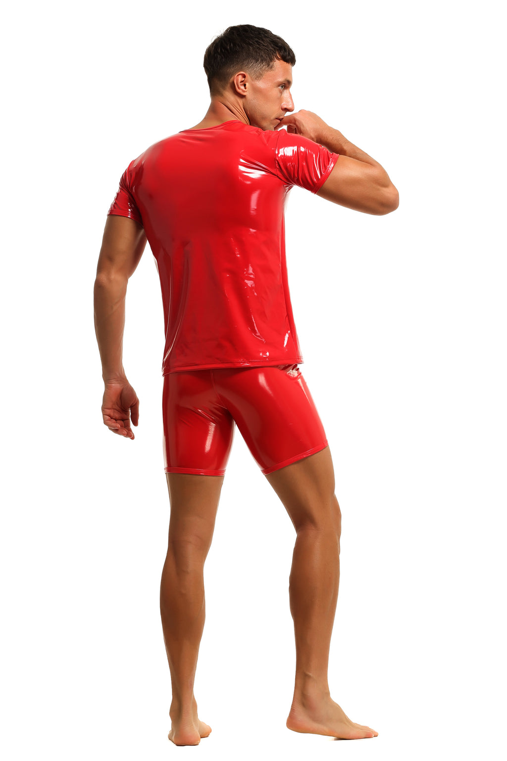 Herren T-Shirt Leder Lack Latex Optik in Rot Kurzarm Stretch
