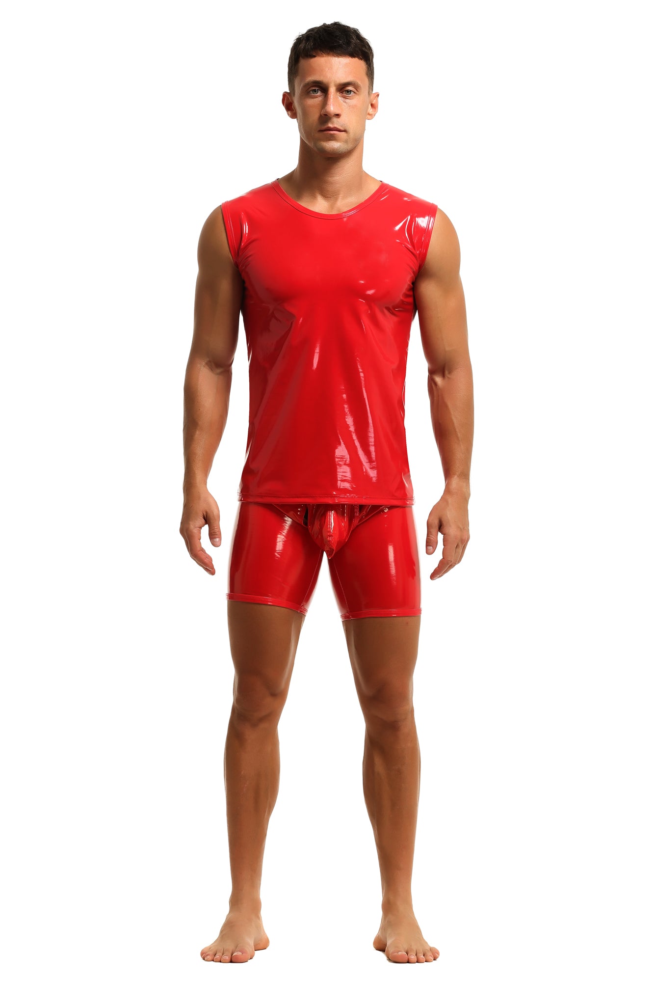 Herren Tank Top Shirt Leder Lack Latex Optik in Rot Stretch