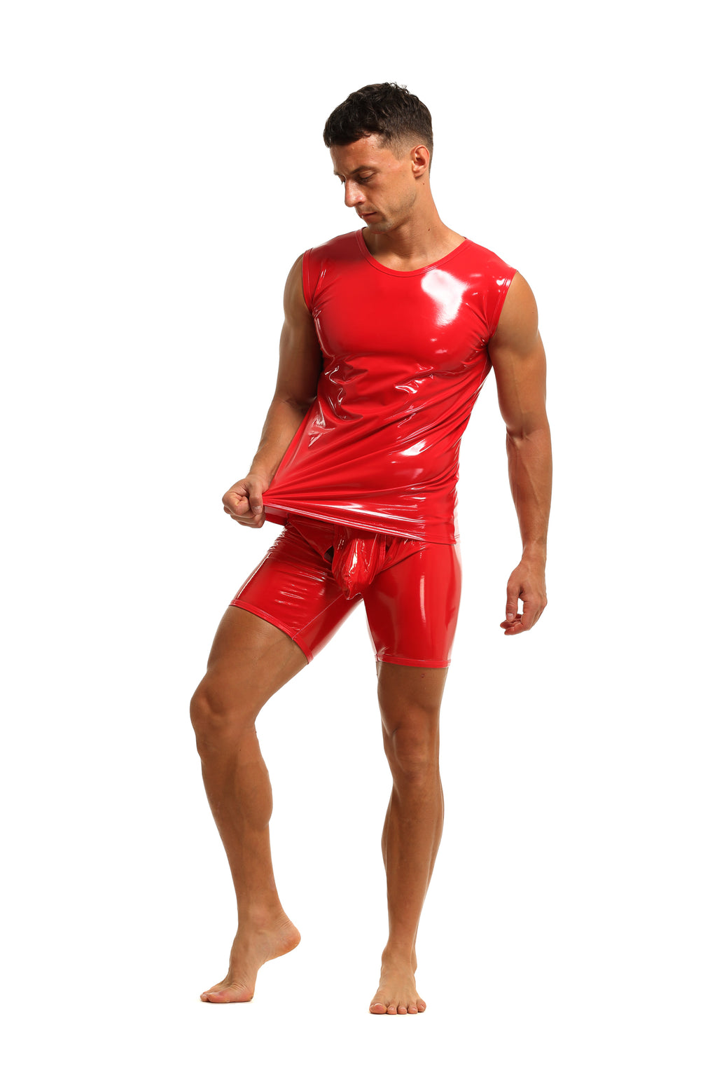 Herren Tank Top Shirt Leder Lack Latex Optik in Rot Stretch