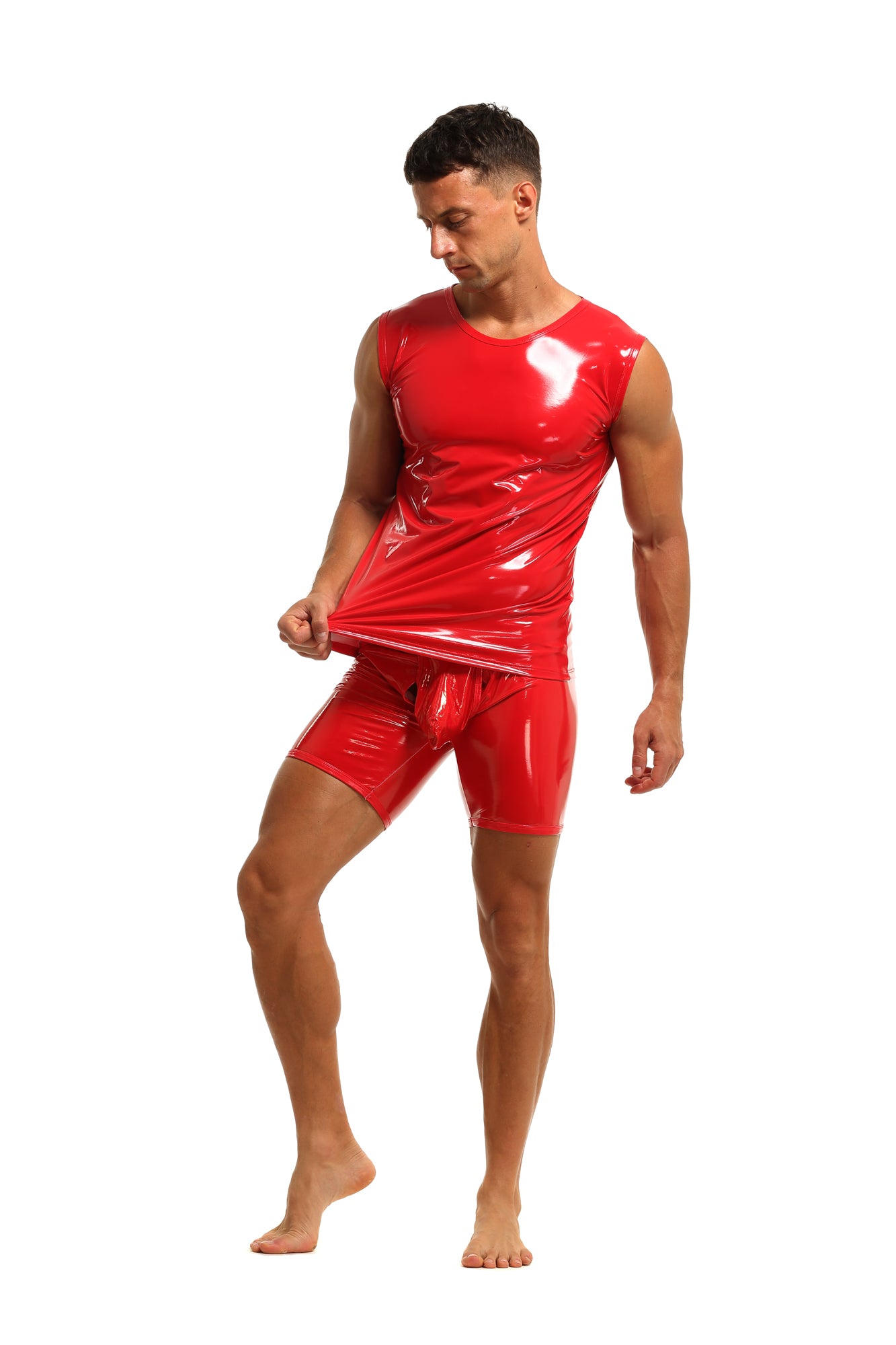 Herren Tank Top Shirt Leder Lack Latex Optik in Rot Stretch