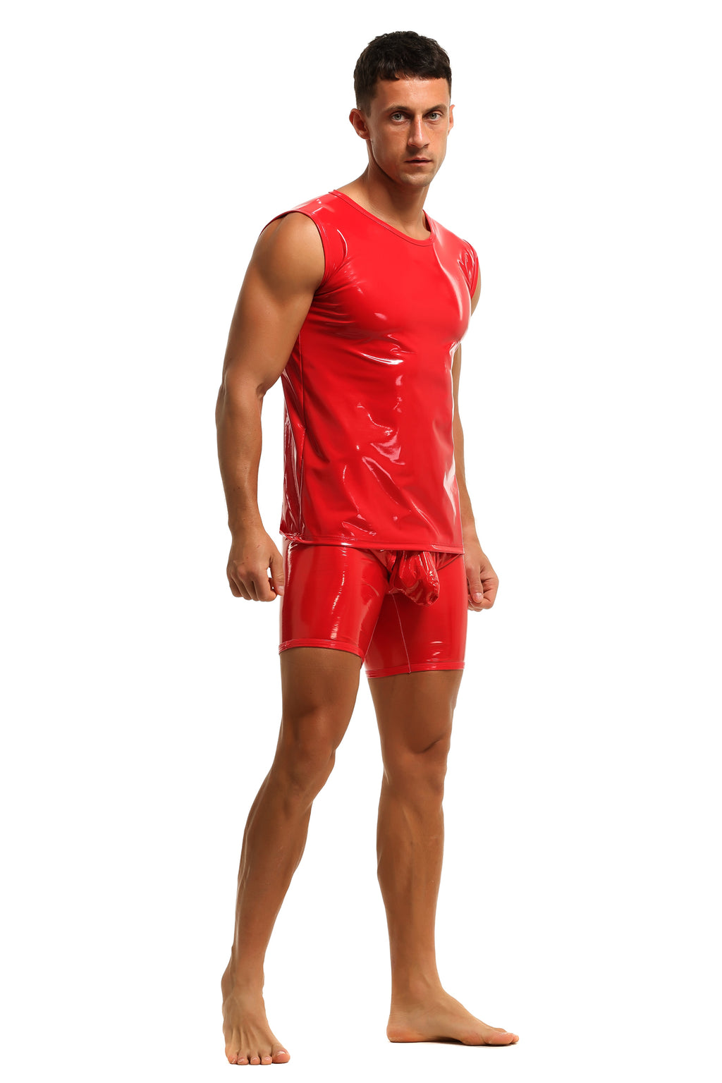 Herren Tank Top Shirt Leder Lack Latex Optik in Rot Stretch