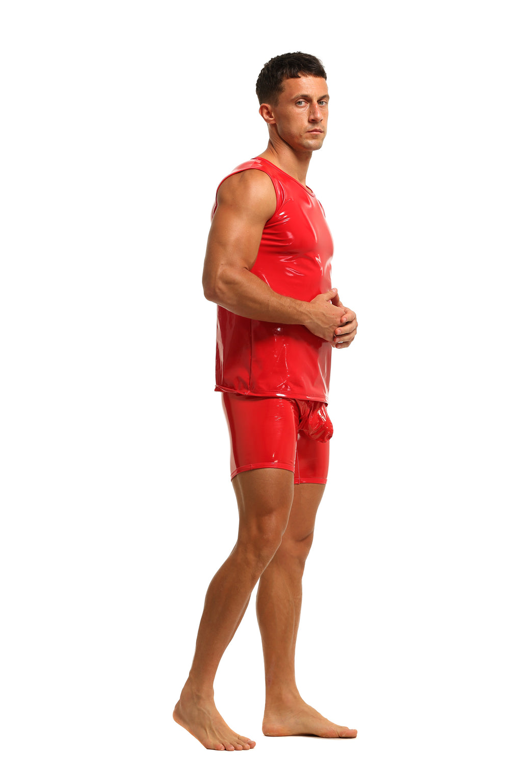 Herren Tank Top Shirt Leder Lack Latex Optik in Rot Stretch