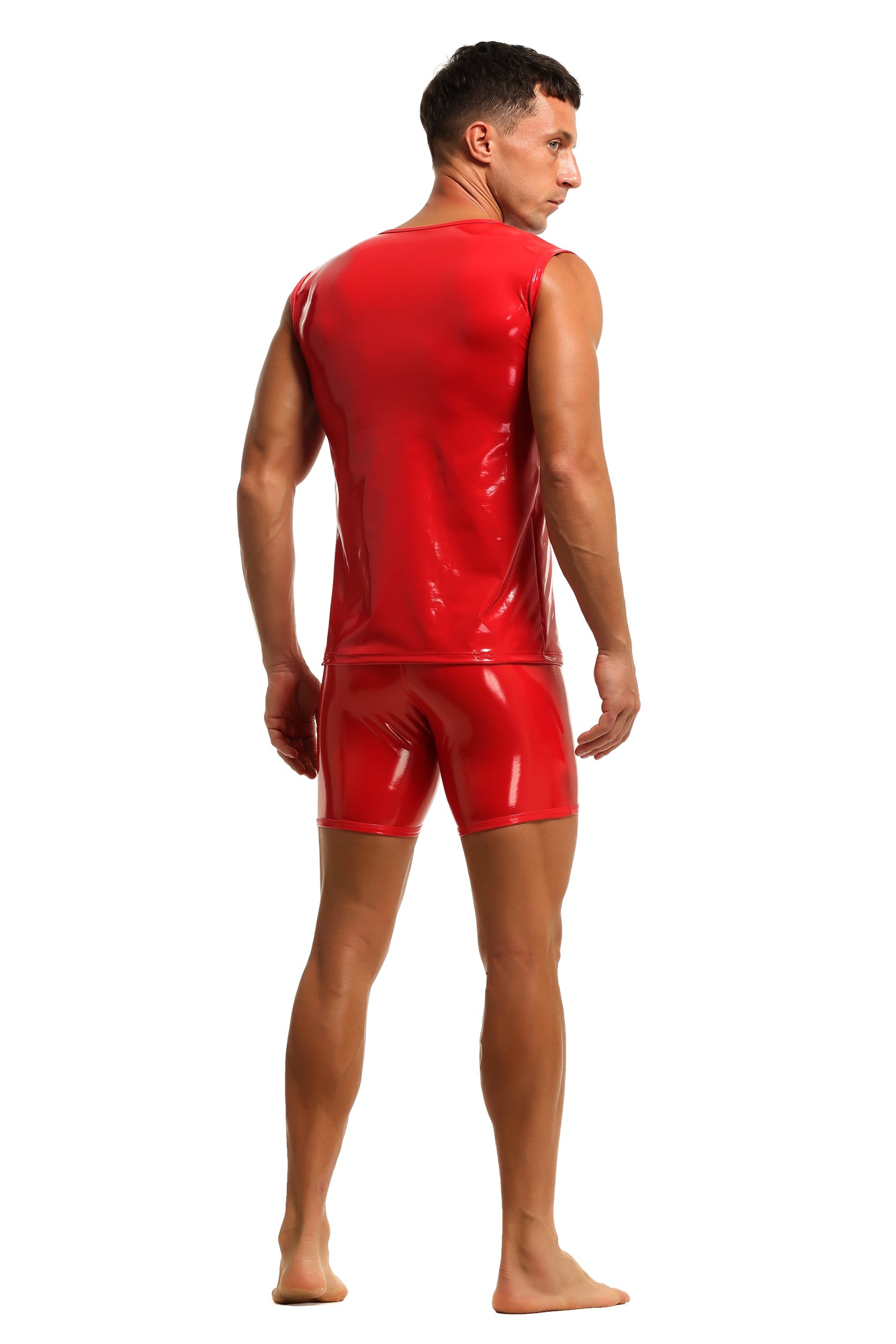 Herren Tank Top Shirt Leder Lack Latex Optik in Rot Stretch