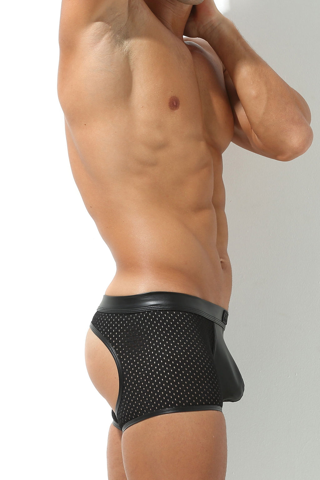 Herren Pant Jock Ouvert in Schwarz mit Netz Leder Optik Matt Kunstleder enganliegend