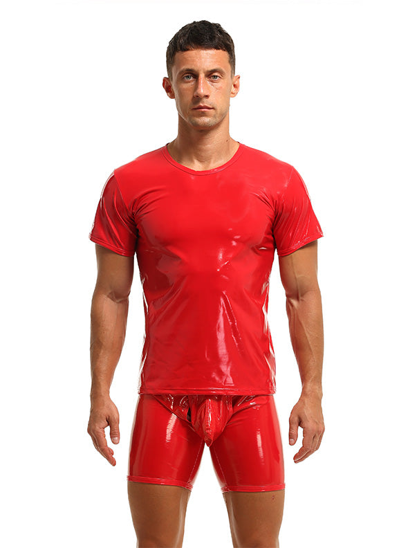 Herren T-Shirt Leder Lack Latex Optik in Rot Kurzarm Stretch