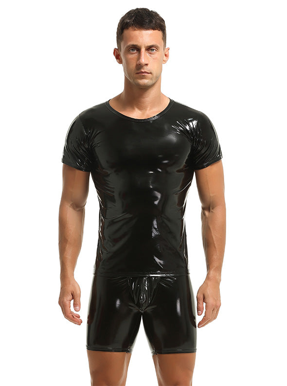 Herren T-Shirt Leder Lack Latex Optik in Schwarz Kurzarm Stretch