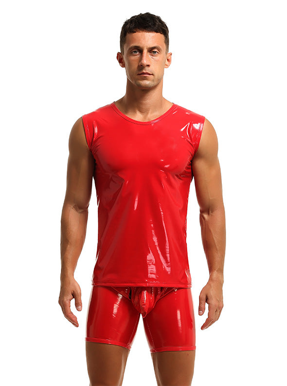 Herren Tank Top Shirt Leder Lack Latex Optik in Rot Stretch