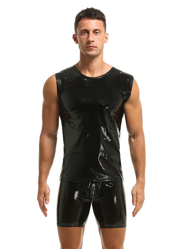 Herren Tank Top Shirt Leder Lack Latex Optik in Schwarz Stretch